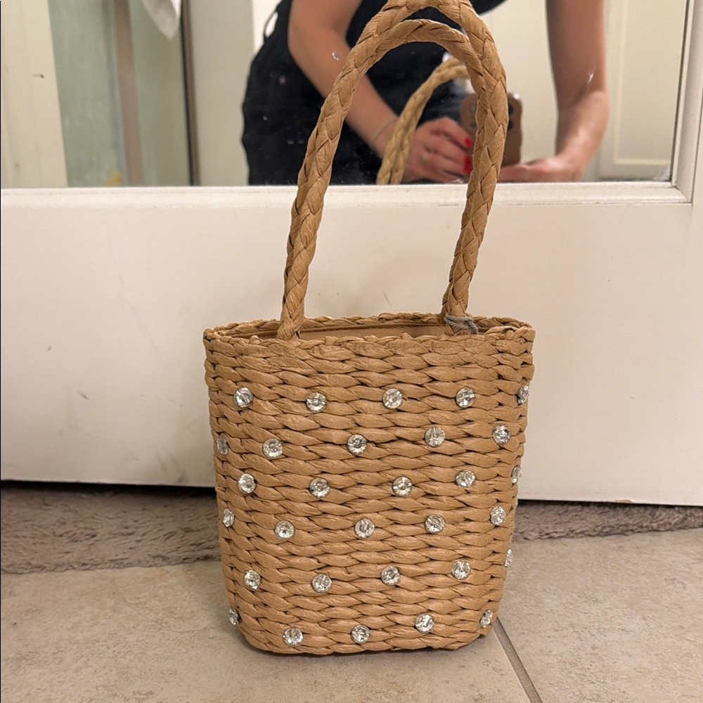 Woven Straw Tote with Crystal Accents - Tan